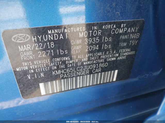 Aukcja sprzedaży 2018 Hyundai Ioniq Hybrid Blue, vin: KMHC65LC2JU091860, numer aukcji: 46192593