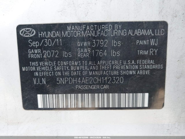 Продаж на аукціоні авто 2012 Hyundai Elantra Limited, vin: 5NPDH4AE2CH112320, номер лоту: 46192596