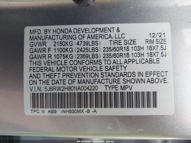 Aukcja sprzedaży 2022 Honda Cr-v Awd Ex-l, vin: 5J6RW2H80NA004220, numer aukcji: 46192597
