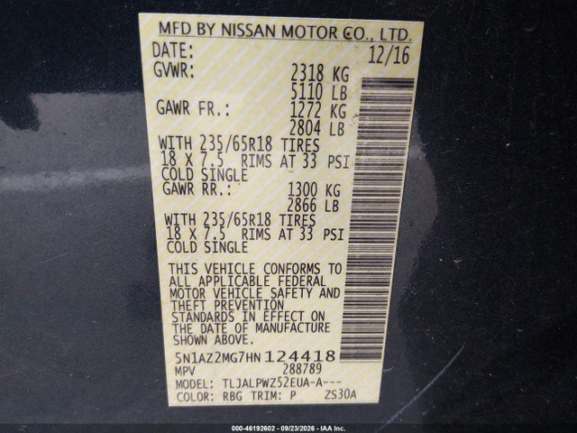 46192602 :رقم المزاد ، 5N1AZ2MG7HN124418 vin ، 2017 Nissan Murano S مزاد بيع
