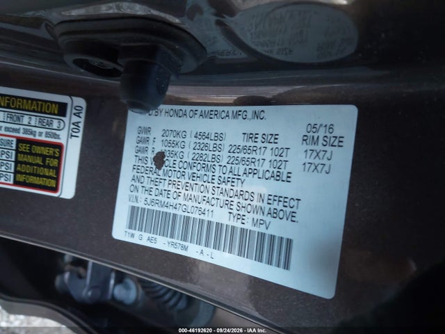 2016 Honda Cr-v Se მანქანა იყიდება აუქციონზე, vin: 5J6RM4H47GL076411, აუქციონის ნომერი: 46192620