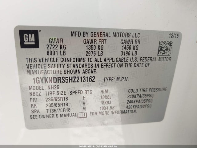 46192624 :رقم المزاد ، 1GYKNDRS5HZ213162 vin ، 2017 Cadillac Xt5 Luxury مزاد بيع
