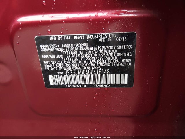 2016 Subaru Forester 2.5i Premium მანქანა იყიდება აუქციონზე, vin: JF2SJAGC4GH418148, აუქციონის ნომერი: 46192645