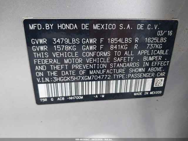 Продаж на аукціоні авто 2016 Honda Fit Ex, vin: 3HGGK5H7XGM704772, номер лоту: 46192647