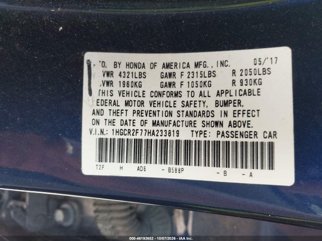 Продажа на аукционе авто 2017 Honda Accord Ex, vin: 1HGCR2F77HA233819, номер лота: 46192652