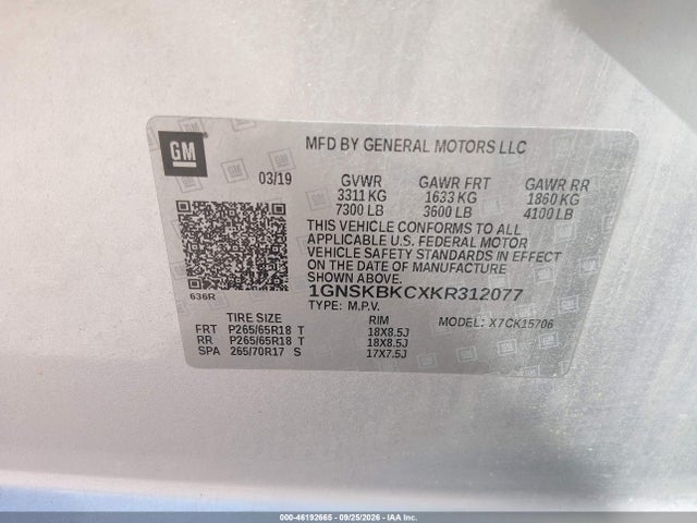Aukcja sprzedaży 2019 Chevrolet Tahoe Lt, vin: 1GNSKBKCXKR312077, numer aukcji: 46192665