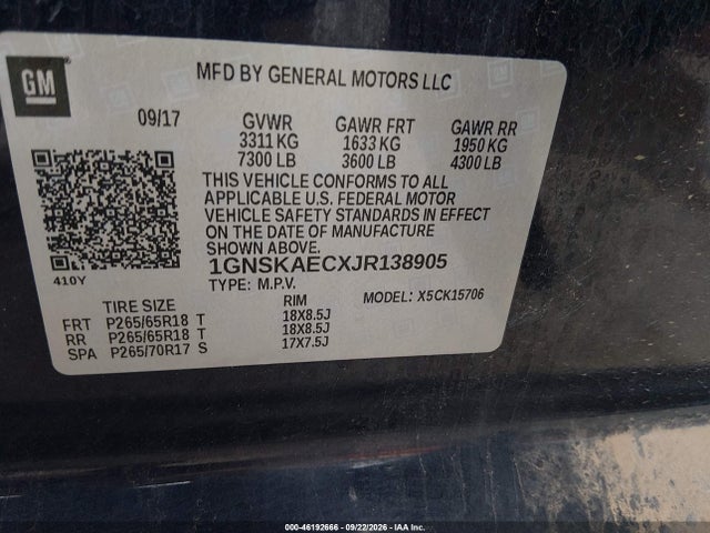 46192666 :رقم المزاد ، 1GNSKAECXJR138905 vin ، 2018 Chevrolet Tahoe Ls مزاد بيع