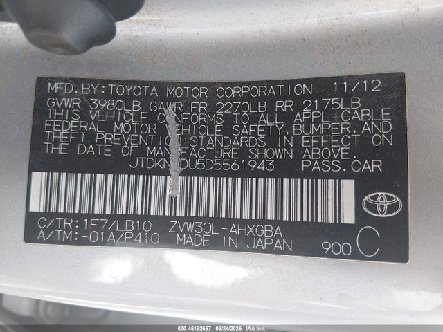 46192667 :رقم المزاد ، JTDKN3DU5D5561943 vin ، 2013 Toyota Prius Four مزاد بيع
