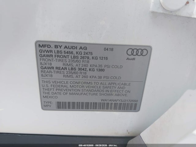 WA1ANAFY3J2172550 Audi Q5 2.0t Premium/2.0t Tech Premium
