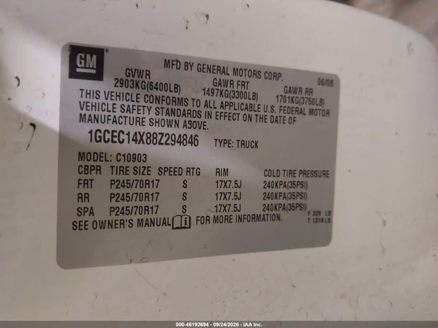 46192694 :رقم المزاد ، 1GCEC14X88Z294846 vin ، 2008 Chevrolet Silverado 1500 Work Truck مزاد بيع
