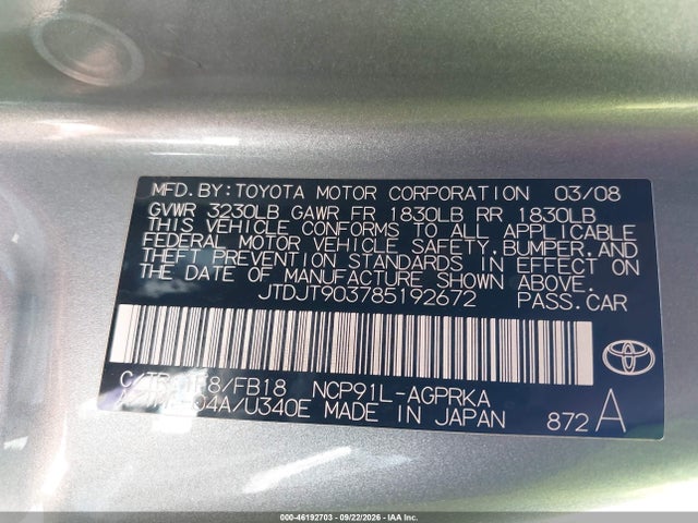 Продаж на аукціоні авто 2008 Toyota Yaris, vin: JTDJT903785192672, номер лоту: 46192703