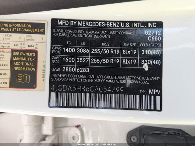 Продажа на аукционе авто 2012 Mercedes-benz M-class Ml 350, vin: 4JGDA5HB6CA054799, номер лота: 46192711