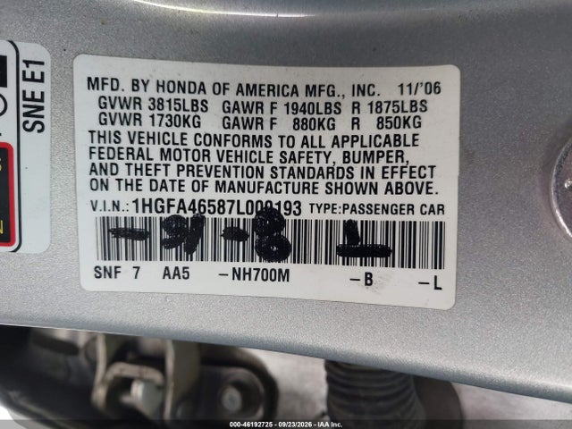 Auction sale of the 2007 Honda Civic Gx, vin: 1HGFA46587L000193, lot number: 46192725