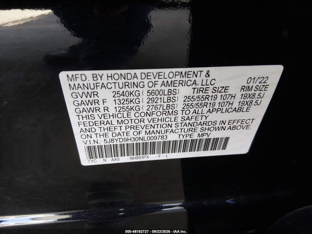 46192727 :رقم المزاد ، 5J8YD9H30NL009783 vin ، 2022 Acura Mdx Standard مزاد بيع
