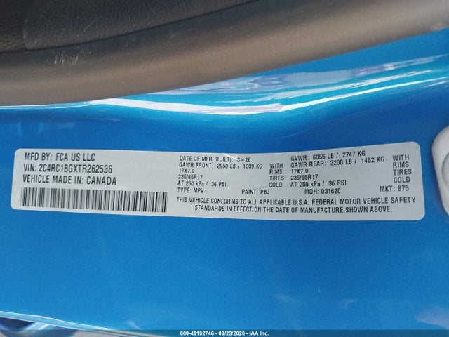 Продаж на аукціоні авто 2026 Chrysler Pacifica Select, vin: 2C4RC1BGXTR262536, номер лоту: 46192746
