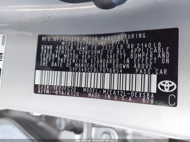 46192748 :رقم المزاد ، 5YFS4RCE8LP016854 vin ، 2020 Toyota Corolla Se مزاد بيع