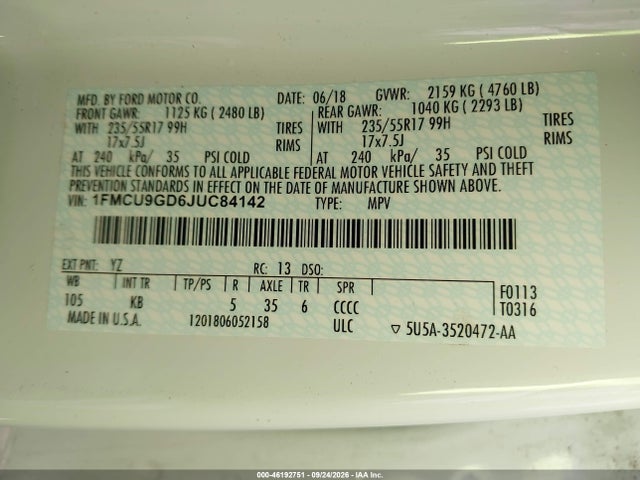46192751 :رقم المزاد ، 1FMCU9GD6JUC84142 vin ، 2018 Ford Escape Se مزاد بيع