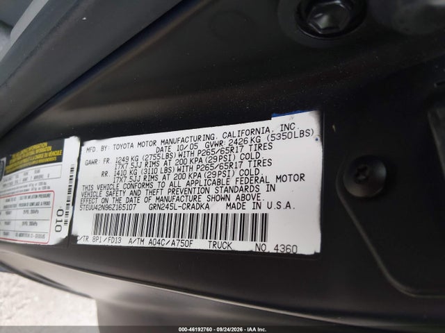 2006 Toyota Tacoma Base V6 მანქანა იყიდება აუქციონზე, vin: 5TEUU42N96Z165107, აუქციონის ნომერი: 46192760