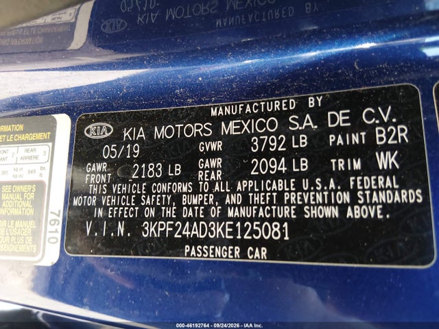 2019 Kia Forte Lxs მანქანა იყიდება აუქციონზე, vin: 3KPF24AD3KE125081, აუქციონის ნომერი: 46192764