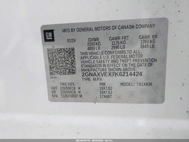 2019 Chevrolet Equinox Lt მანქანა იყიდება აუქციონზე, vin: 2GNAXVEX7K6214424, აუქციონის ნომერი: 46192770