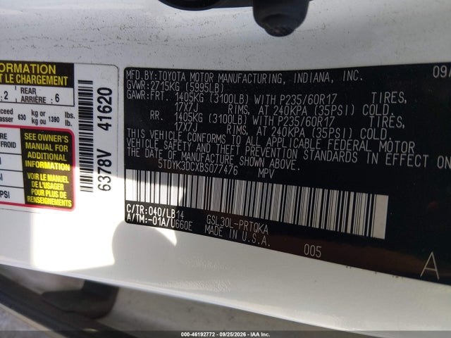 46192772 :رقم المزاد ، 5TDYK3DCXBS077476 vin ، 2011 Toyota Sienna Xle V6 مزاد بيع