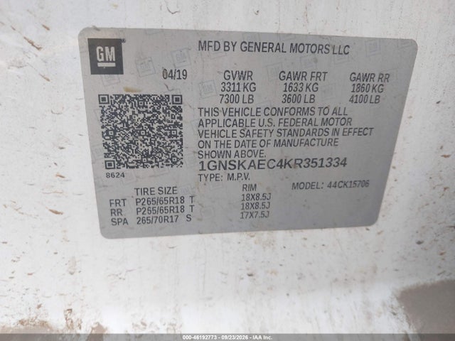 2019 Chevrolet Tahoe Ls მანქანა იყიდება აუქციონზე, vin: 1GNSKAEC4KR351334, აუქციონის ნომერი: 46192773