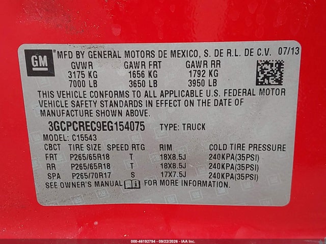 46192794 :رقم المزاد ، 3GCPCREC9EG154075 vin ، 2014 Chevrolet Silverado 1500 1lt مزاد بيع