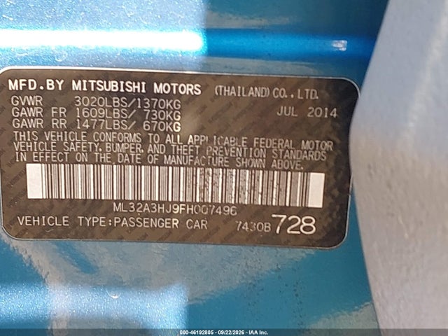 46192805 :رقم المزاد ، ML32A3HJ9FH007496 vin ، 2015 Mitsubishi Mirage De/rf مزاد بيع