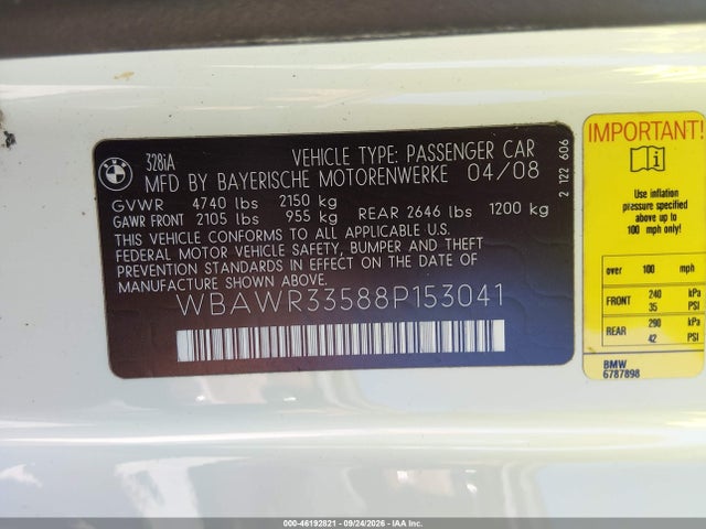Продажа на аукционе авто 2008 Bmw 328i, vin: WBAWR33588P153041, номер лота: 46192821
