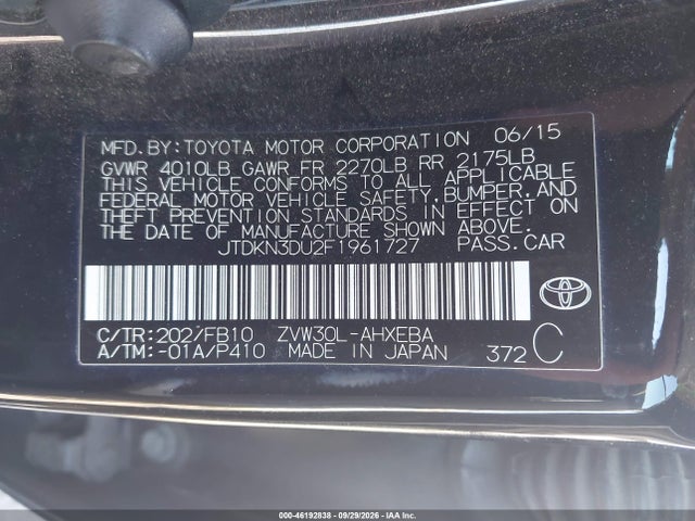 Auction sale of the 2015 Toyota Prius Two, vin: JTDKN3DU2F1961727, lot number: 46192838