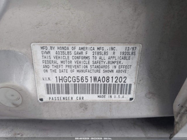 1998 Honda Accord Ex მანქანა იყიდება აუქციონზე, vin: 1HGCG5651WA081202, აუქციონის ნომერი: 46192839