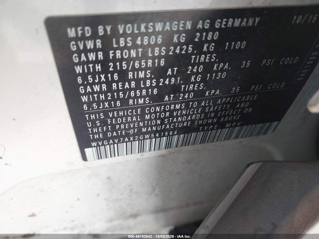 Продажа на аукционе авто 2016 Volkswagen Tiguan S, vin: WVGAV7AX2GW541564, номер лота: 46192842