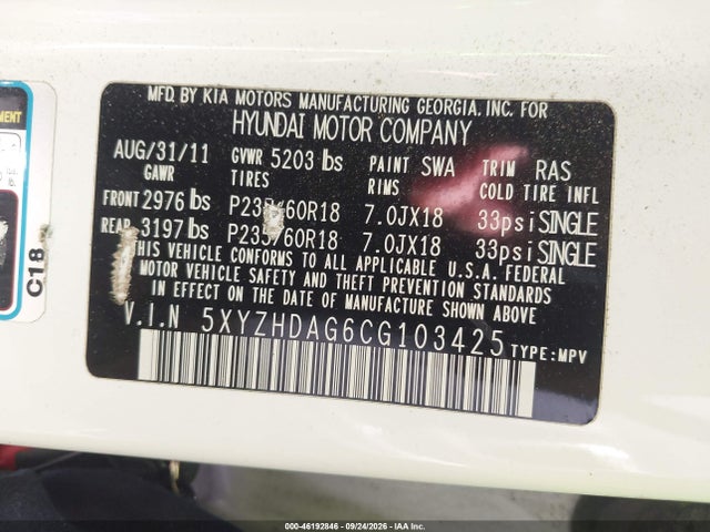 2012 Hyundai Santa Fe Se მანქანა იყიდება აუქციონზე, vin: 5XYZHDAG6CG103425, აუქციონის ნომერი: 46192846