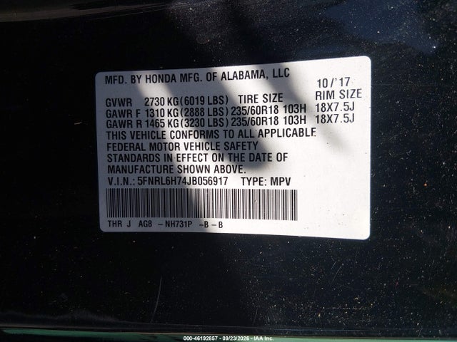 Aukcja sprzedaży 2018 Honda Odyssey Ex-l, vin: 5FNRL6H74JB056917, numer aukcji: 46192857