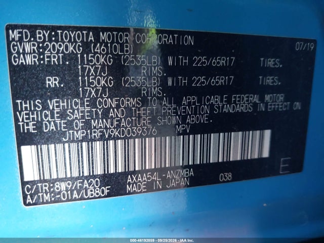 Aukcja sprzedaży 2019 Toyota Rav4 Xle, vin: JTMP1RFV9KD039376, numer aukcji: 46192859
