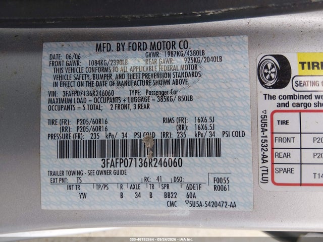 2006 Ford Fusion Se მანქანა იყიდება აუქციონზე, vin: 3FAFP07136R246060, აუქციონის ნომერი: 46192864
