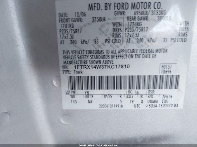 2007 Ford F-150 Fx4/stx/xl/xlt მანქანა იყიდება აუქციონზე, vin: 1FTRX14W37KC17810, აუქციონის ნომერი: 46192868