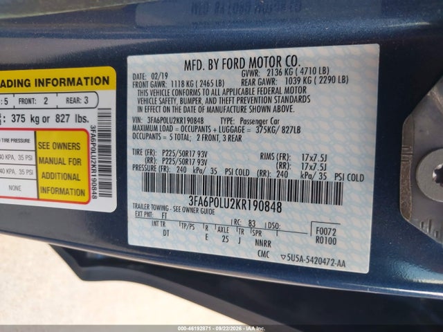 Продажа на аукционе авто 2019 Ford Fusion Hybrid Se, vin: 3FA6P0LU2KR190848, номер лота: 46192871