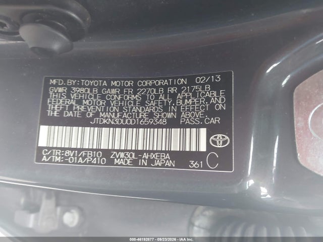 Продаж на аукціоні авто 2013 Toyota Prius Two, vin: JTDKN3DU0D1659348, номер лоту: 46192877