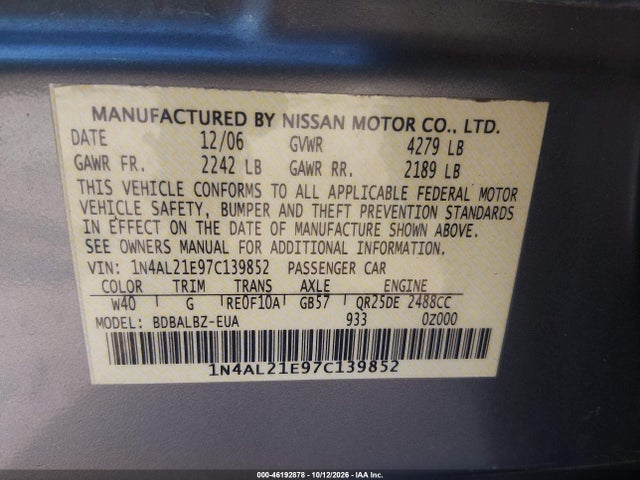 2007 Nissan Altima 2.5/2.5s მანქანა იყიდება აუქციონზე, vin: 1N4AL21E97C139852, აუქციონის ნომერი: 46192878