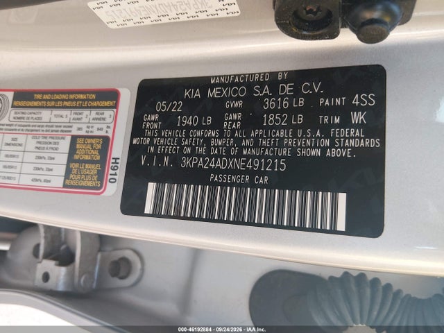 46192884 :رقم المزاد ، 3KPA24ADXNE491215 vin ، 2022 Kia Rio S مزاد بيع