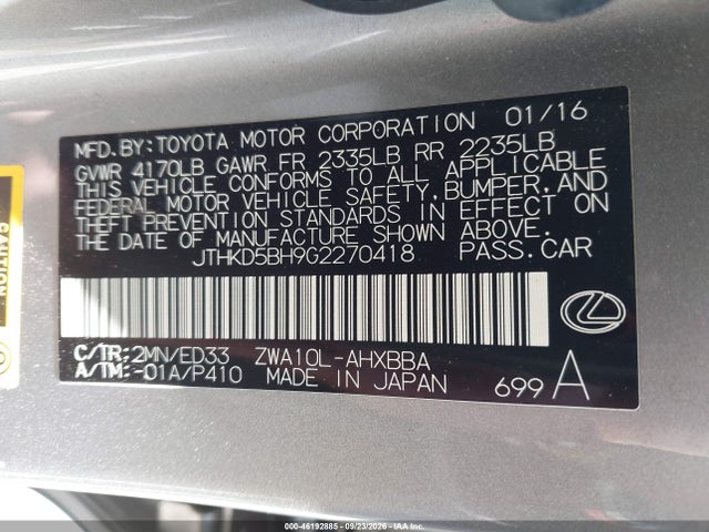 46192885 :رقم المزاد ، JTHKD5BH9G2270418 vin ، 2016 Lexus Ct 200h مزاد بيع