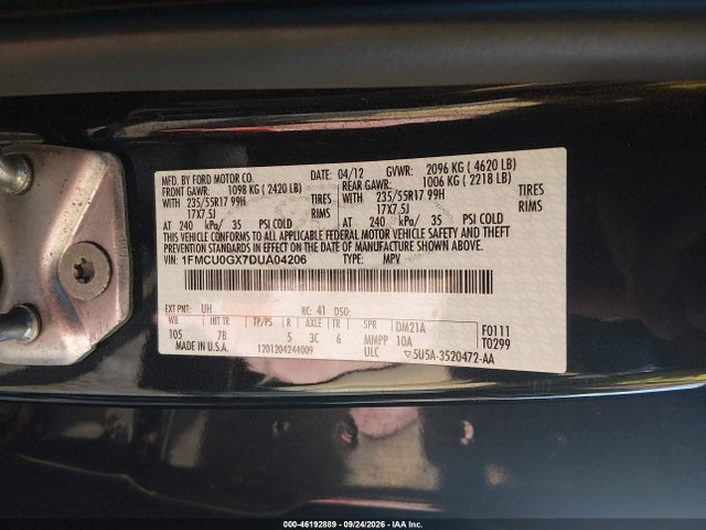 2013 Ford Escape Se მანქანა იყიდება აუქციონზე, vin: 1FMCU0GX7DUA04206, აუქციონის ნომერი: 46192889