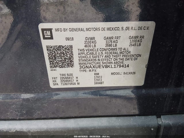 Aukcja sprzedaży 2019 Chevrolet Equinox Lt, vin: 3GNAXUEV8KL179414, numer aukcji: 46192920