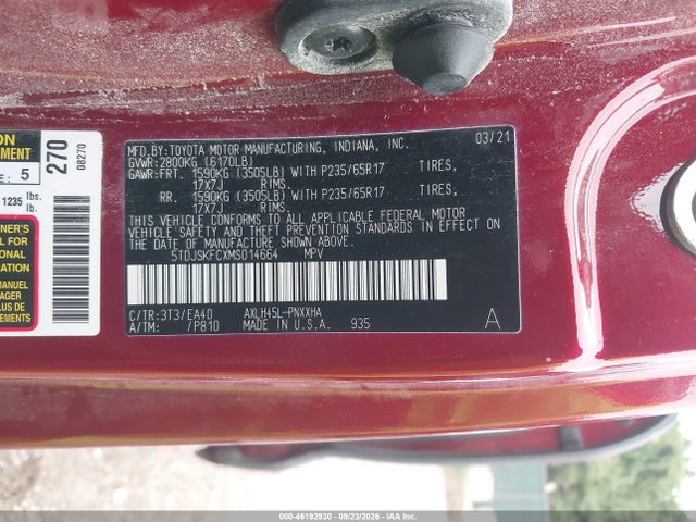 Aukcja sprzedaży 2021 Toyota Sienna Xle, vin: 5TDJSKFCXMS014664, numer aukcji: 46192930