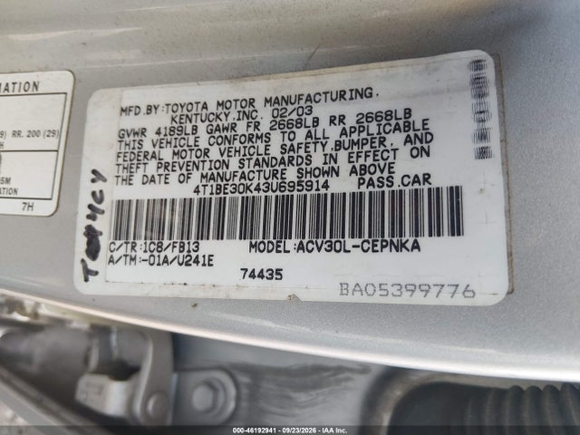 46192941 :رقم المزاد ، 4T1BE30K43U695914 vin ، 2003 Toyota Camry Le مزاد بيع