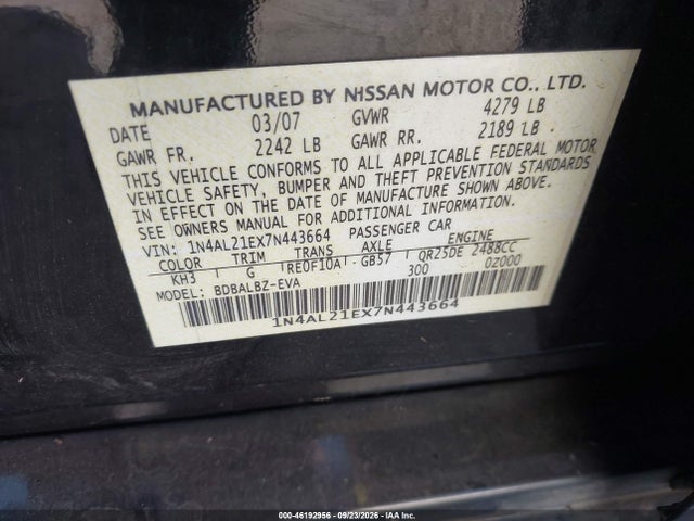 Продаж на аукціоні авто 2007 Nissan Altima 2.5 S, vin: 1N4AL21EX7N443664, номер лоту: 46192956