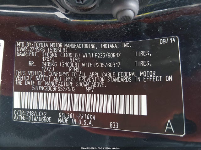 Продажа на аукционе авто 2015 Toyota Sienna Xle/xle 8 Passenger, vin: 5TDYK3DC9FS527902, номер лота: 46192962