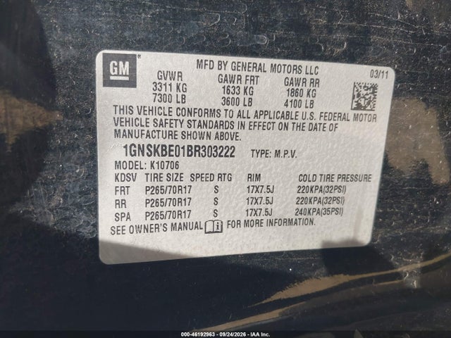 Aukcja sprzedaży 2011 Chevrolet Tahoe Lt, vin: 1GNSKBE01BR303222, numer aukcji: 46192963
