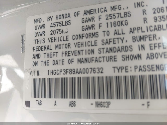 Продажа на аукционе авто 2010 Honda Accord 3.5 Ex-l, vin: 1HGCP3F89AA007632, номер лота: 46192971